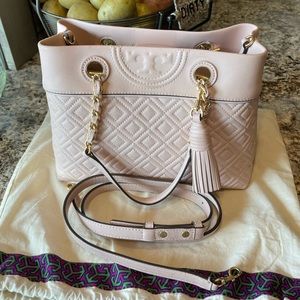 EUC Tory Burch fleming tote bag crossbody with tassel blush nude pink rare